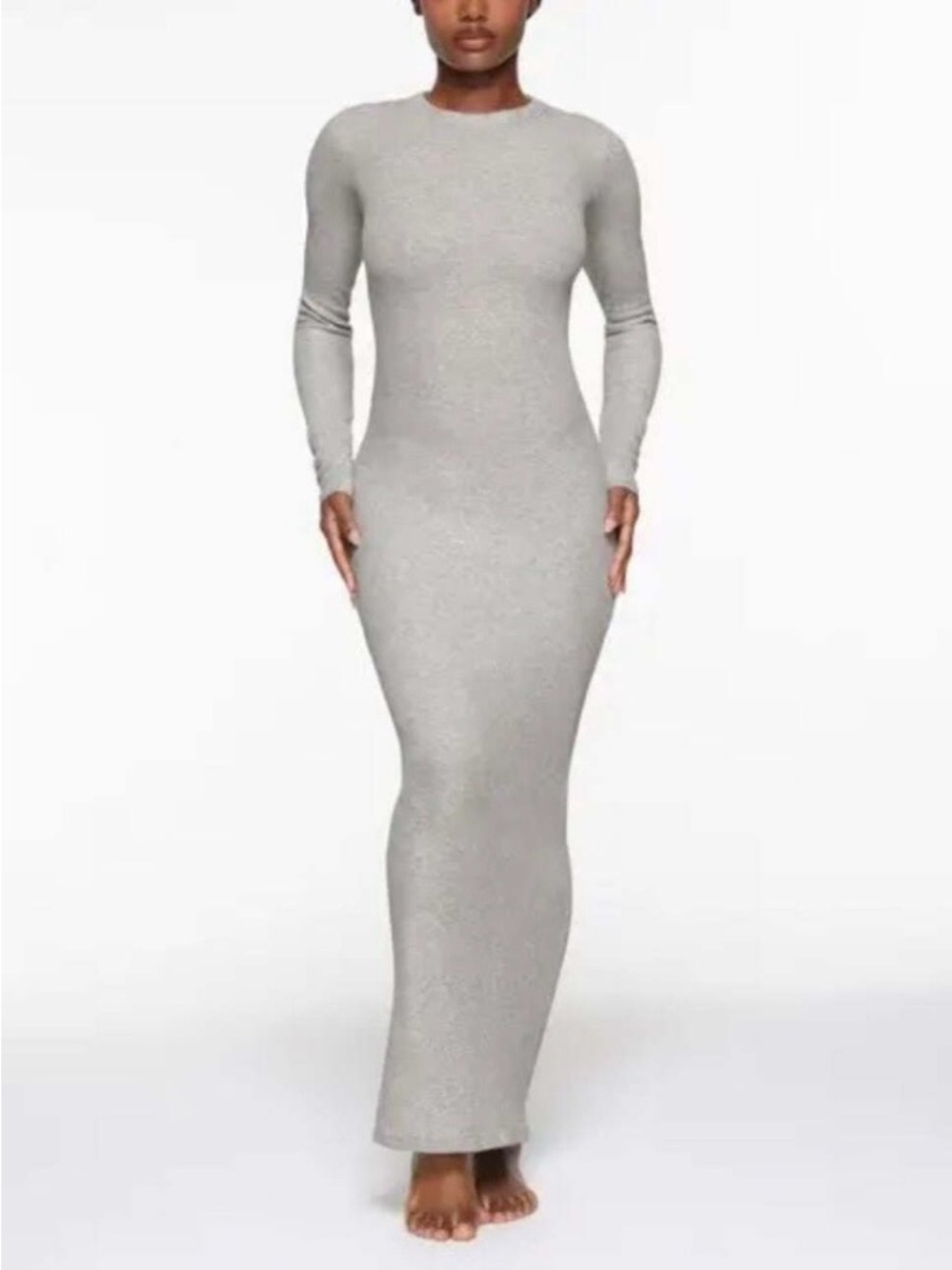 SKIMS Heather Gray Foil (shimmer) Crewneck Long Sleeve Maxi Dress, size L